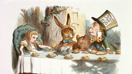 Illustration of Alice, the rabbit and the Mad Hatter sitting around a table drinking tea.