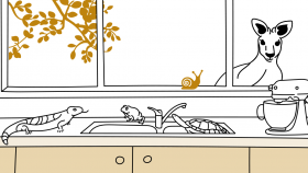A simple line illustration of a kangaroo peering through a window into a kitchen with a lizard, and bird perched on the benchtop. A gold snail sits on the windowsill and there are leaves in the background.