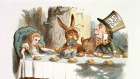 Illustration of Alice, the rabbit and the Mad Hatter sitting around a table drinking tea.