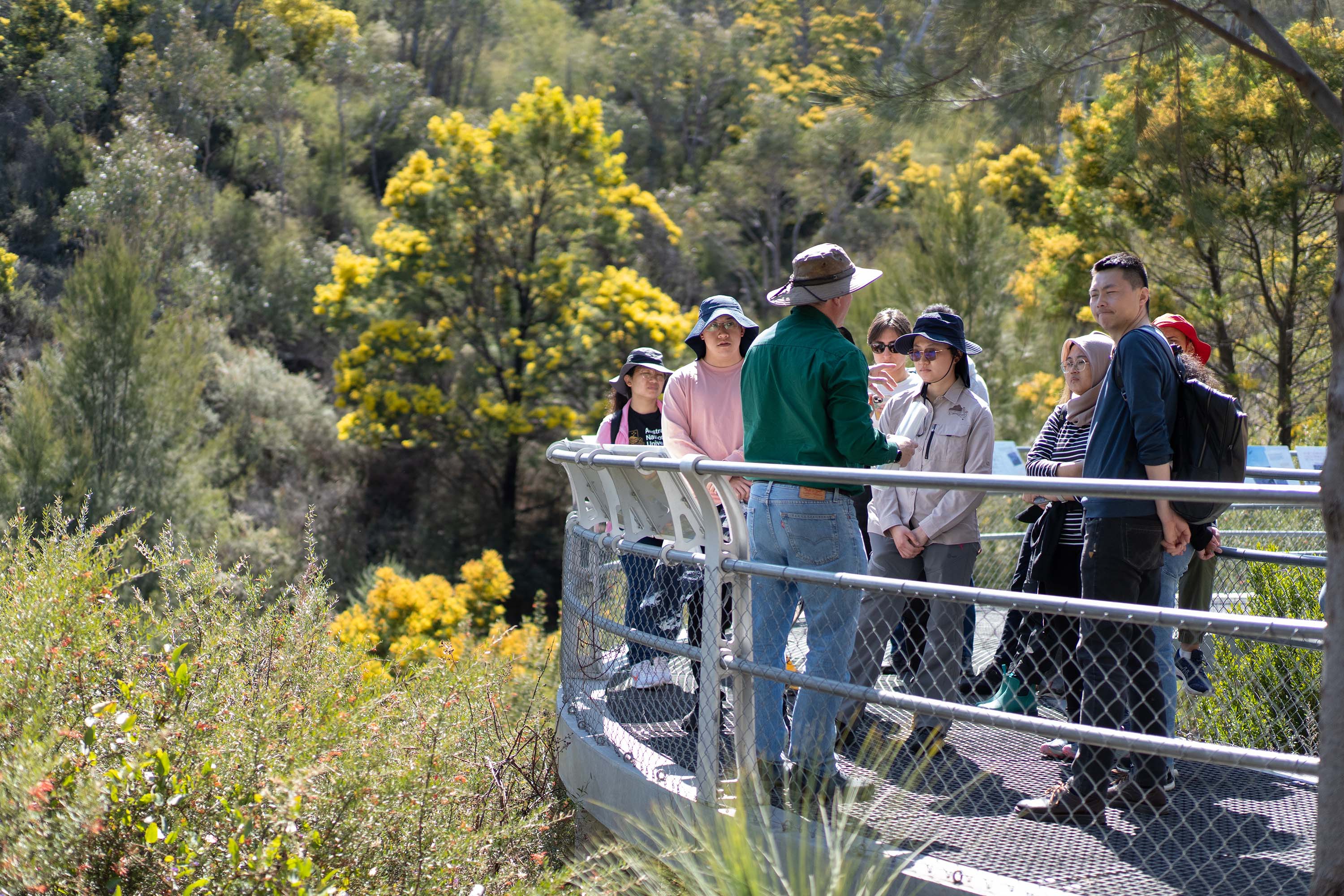 A group of students listen to a lecturer speak on a platform among a bushy environment.