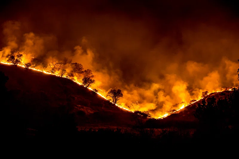 Fire on hills in Los Angeles at night.