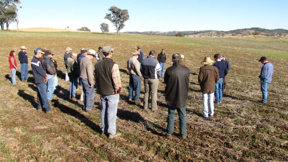 A group of people stand in a furrowed paddock.