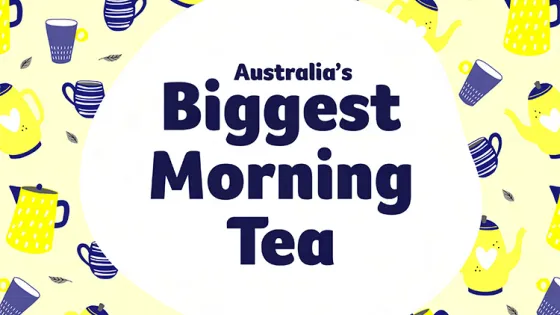 Promotional image for "Australia's Biggest Morning Tea" featuring various tea kettles and cups on a yellow background.
