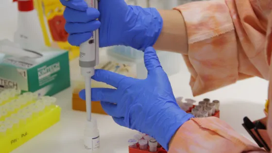 A laboratory technician wearing blue gloves uses a pipette to transfer liquid into a small tube, surrounded by various lab equipment and samples.
