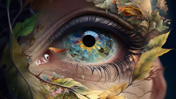 Artistic rendering of a human eye surrounded by detailed leaves and miniature landscape elements, highlighting intricate designs within the iris.