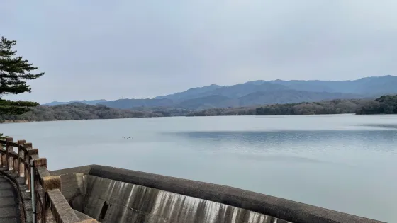 View from a lakeside barrier showing still water with distant mountains and a hazy sky.