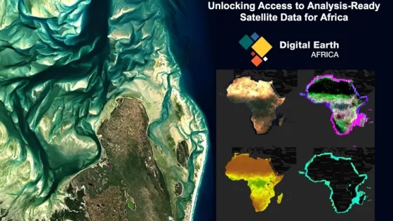 Aerial view of coastal terrain with satellite images of Africa emphasizing different data analysis approaches by Digital Earth Africa.