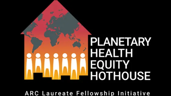Logo of the Planetary Health Equity Hothouse, featuring a silhouette of a house with a red and grey world map on it and white figures lining the base, for the ARC Laureate Fellowship Initiative.