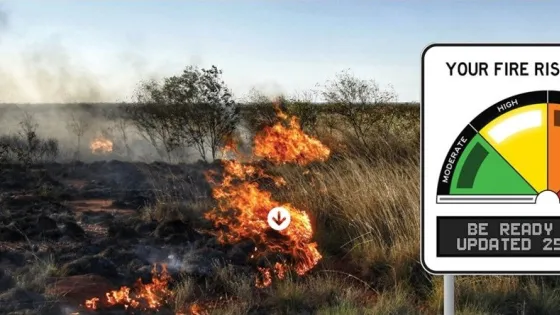 A wildfire burns in a grassy area next to a fire risk indicator sign showing an "extreme" risk level.