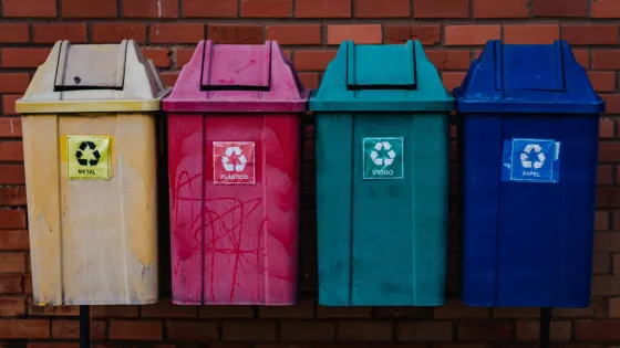 Colourful bins hang from a brick wall