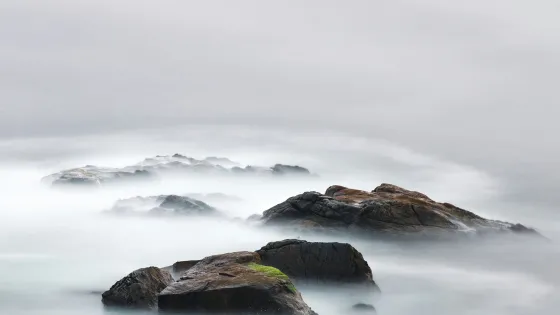 Coastal rocks appearing out of mist on the ocean. The sky is grey.