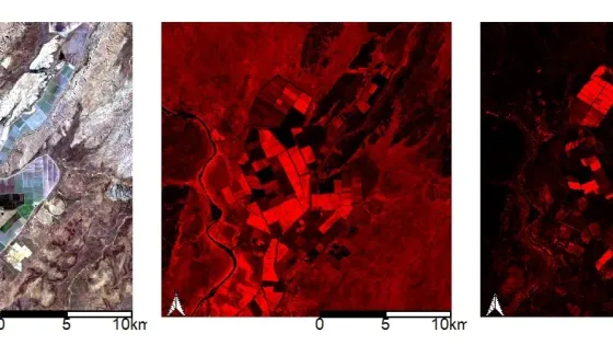 Three satellite images showing a geographic area with varying color schemes: the first depicts natural colors, the second uses red to highlight certain features, and the third is a darker red version of the second image.