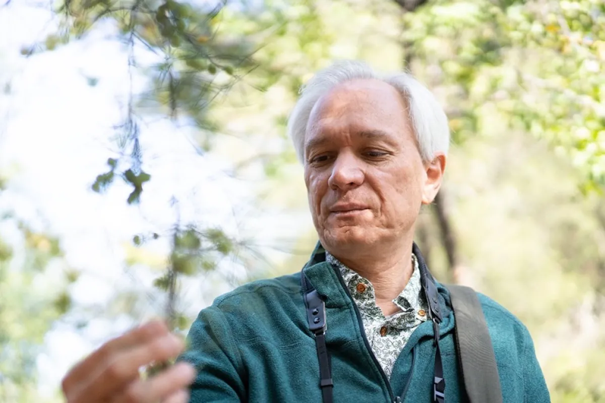 Professor Luis Miguel Renjifo inspects the leaves and fruit of a tree at the Botanic Gardens