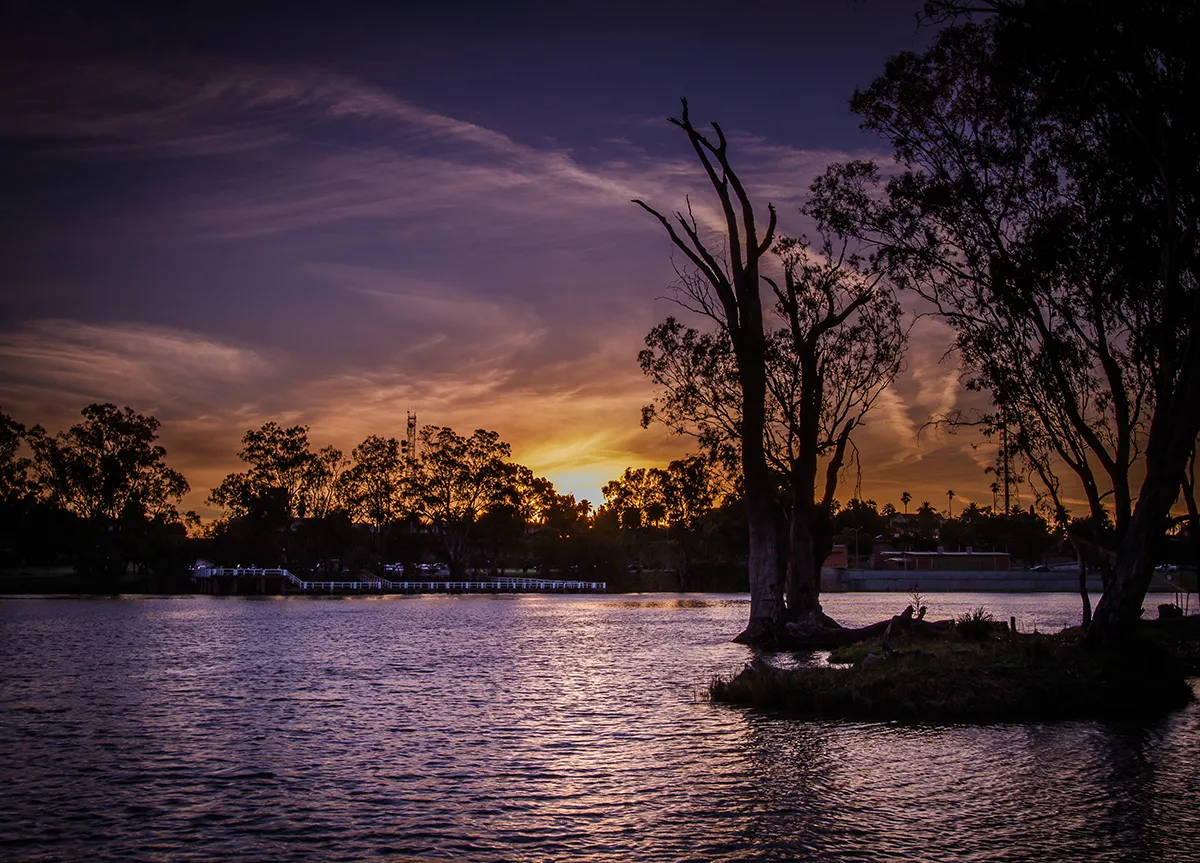 The Murray River at sunset with trees silhouetted on the horizon and sky and water glowing purple.