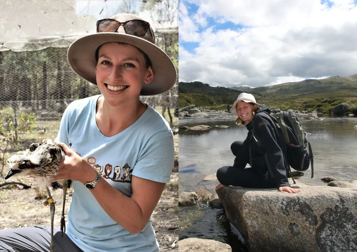 A split-screen photo. To the left stands Shoshana Rapley in a blue t-shirt and broad brimmed hat with sunglasses on top. She is holding a curlew in her hands. To the right Anna Normyle sits on top of a large rock in the centre of a river.