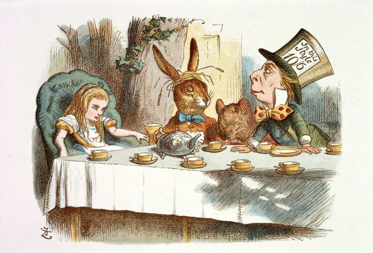 Illustration of Alice, the rabbit and the Mad Hatter sitting around a table drinking tea.
