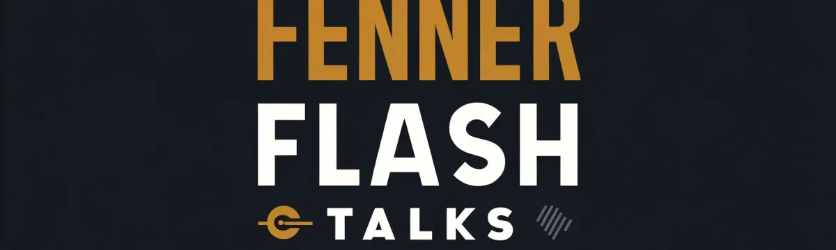 Logo for "Fenner Flash Talks" featuring stylized text and graphic elements in orange and white on a dark background.