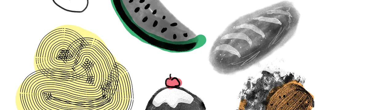 An illustrated array of foods from around the world hovering above a hand.