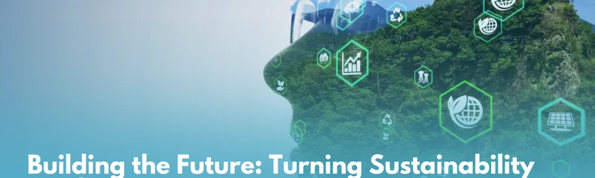 A digital graphic promoting a presentation titled 'Building the Future: Turning Sustainability Goals into Impact Strategies' by Dr Tiyana Jovanovic. The background features a side profile of a person's face overlaid with a lush green forest and transparent technology icons related to sustainability, such as graphs, leaves, and solar panels. The top left includes the logo for the Humanitarian Changemakers Network.