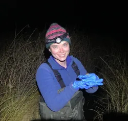 Jordann is wearing a striped woollen beanie, headlamp, and blue fleece stands in a grassy wetland at night. They are wearing chest waders and blue gloves, and are holding a small frog carefully in their hands. Tall dry grasses surround them and the scene is illuminated by a bright light, likely from a camera flash or headlamp.