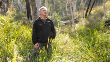 Researcher, David Lindenmayer, stands in a grassy opening of a bushland scene with trees in the background. He looks out and up to the right.