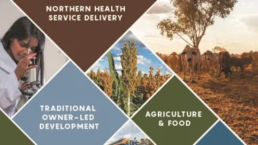 A mosaic image of agricultural scenes and a young woman looking through a microscope.