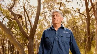 Researcher David Lindemayer stands in a forest.