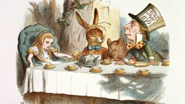 Illustration of Alice, the rabbit and the Mad Hatter sitting around a table drinking tea.